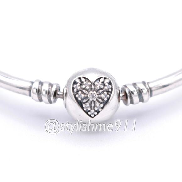 Authentic Pandora Moments Silver Bangle, Heart of Winter Clasp - 596404CZ - Picture 6 of 15